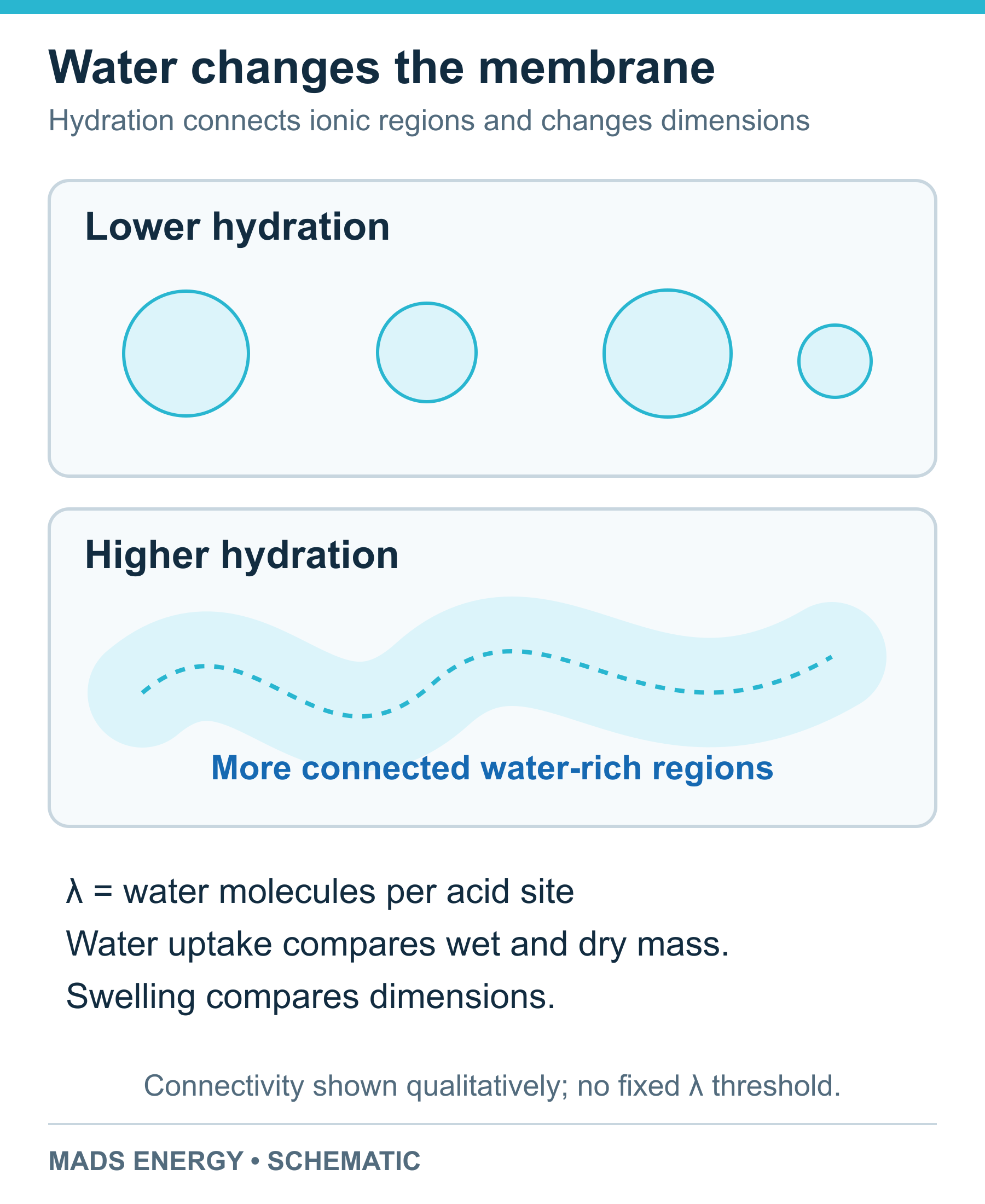 Qualitative comparison of less connected and more connected hydrated regions, with distinctions between hydration number, water uptake and dimensional swelling.