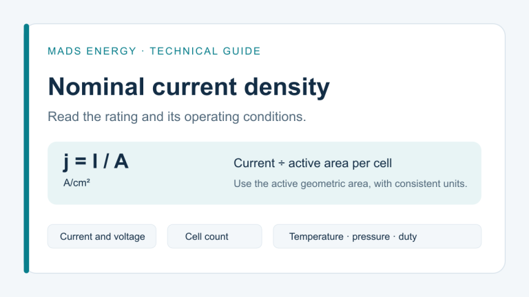 Nominal current density equals current divided by active cell area; compare the rating with voltage and operating conditions.