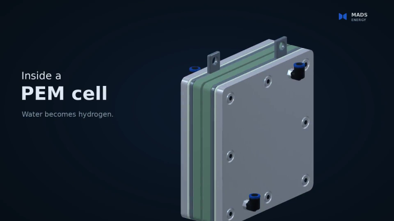 Inside a PEM electrolysis cell - Mads Energy explainer illustration